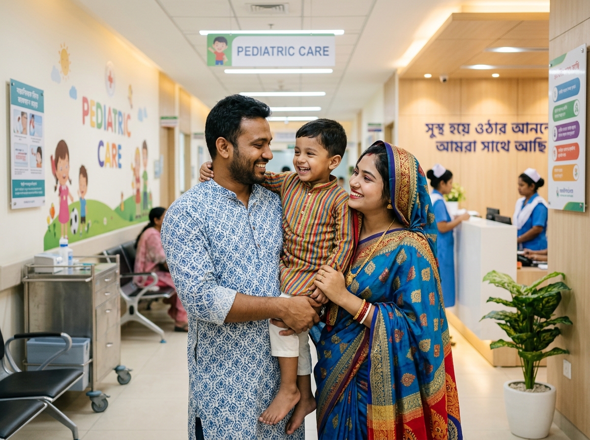 Joyful Bangladeshi couple and their child in a clinic