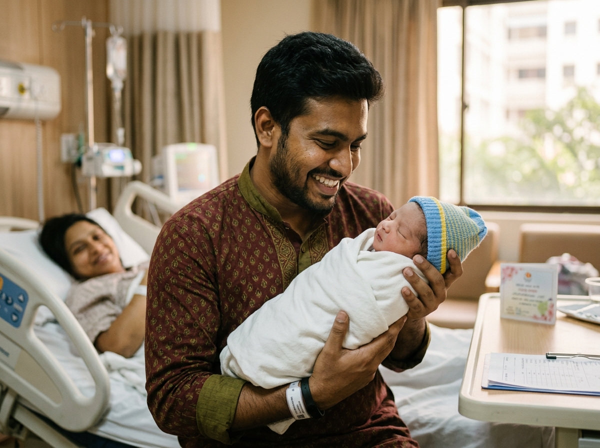 Happy Bangladeshi father and newborn baby
