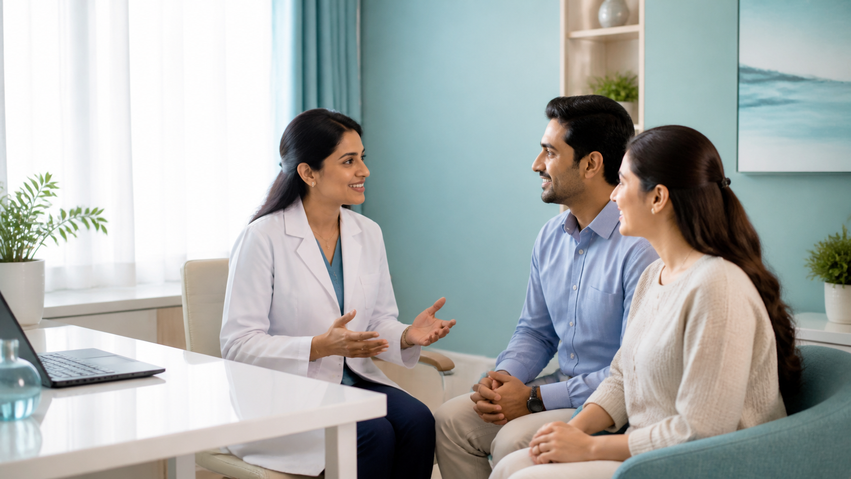 Fertility specialist consulting a couple in a modern clinic room