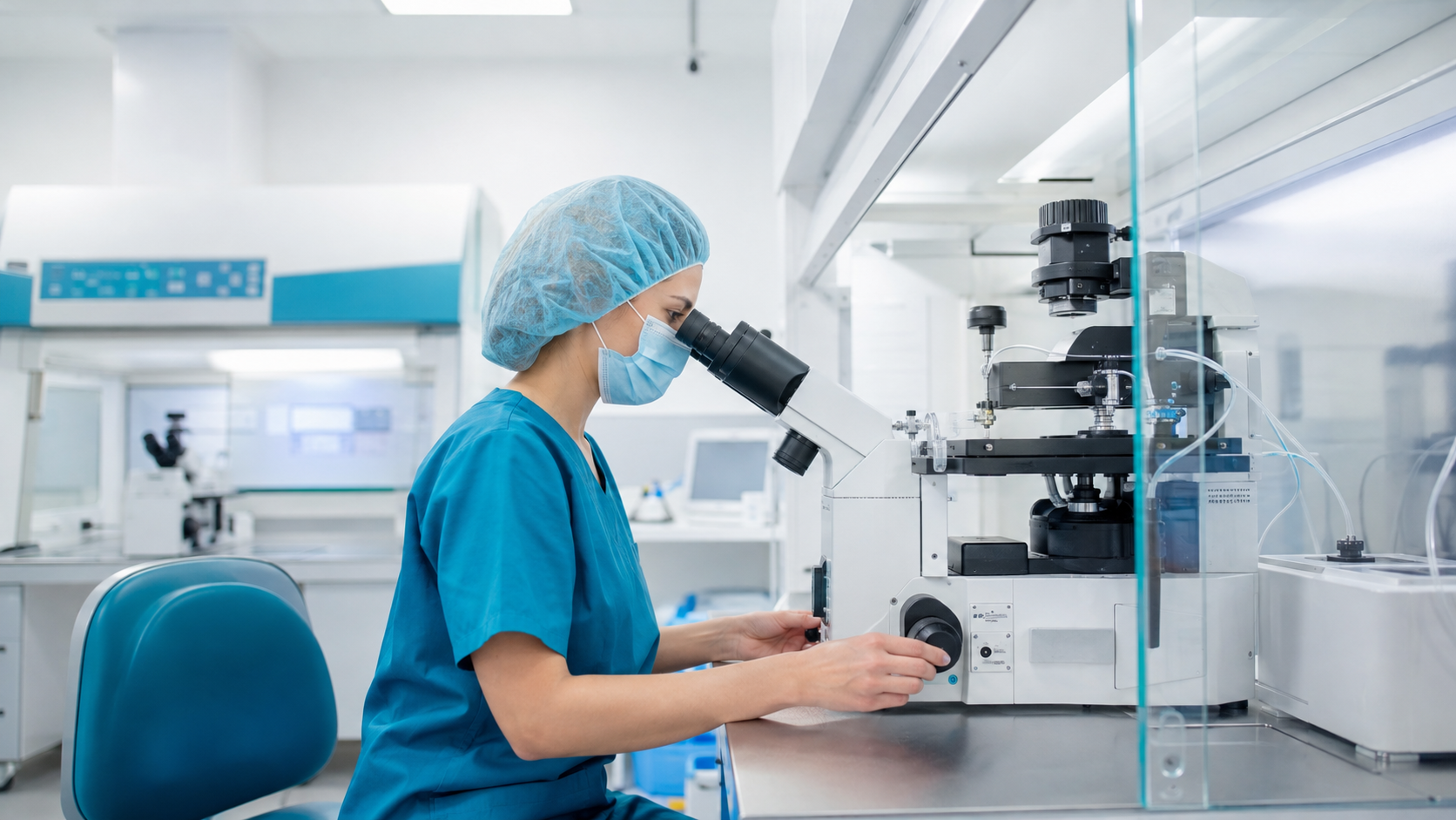 Embryologist working in a clean IVF laboratory