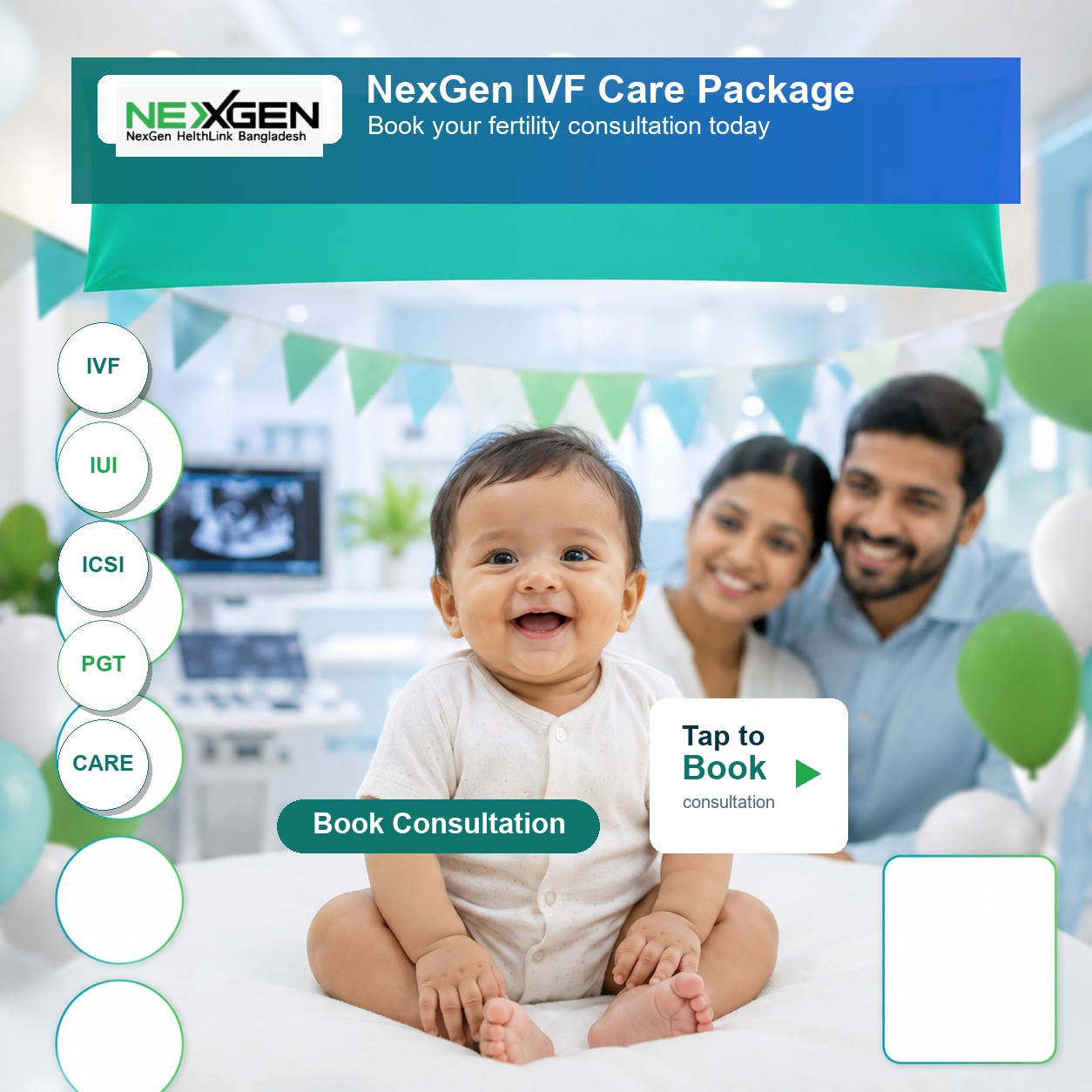 NexGen IVF care package promotional banner with a smiling baby in a modern clinic