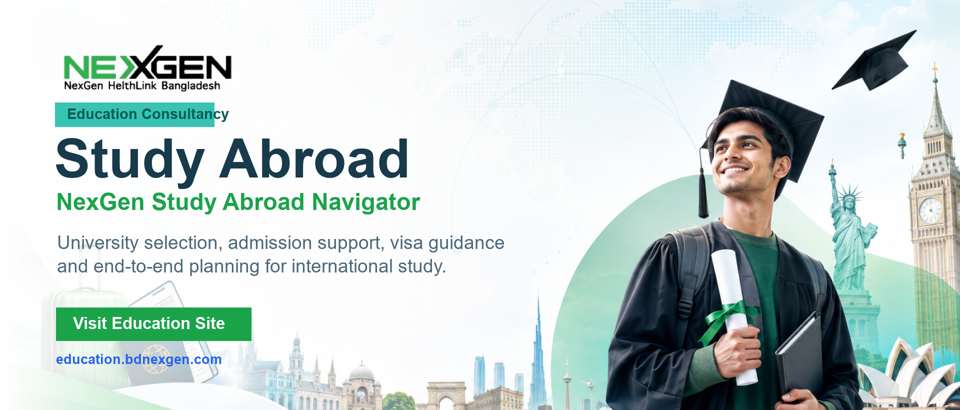 NexGen Study Abroad Navigator hero banner with a graduate and international education landmarks